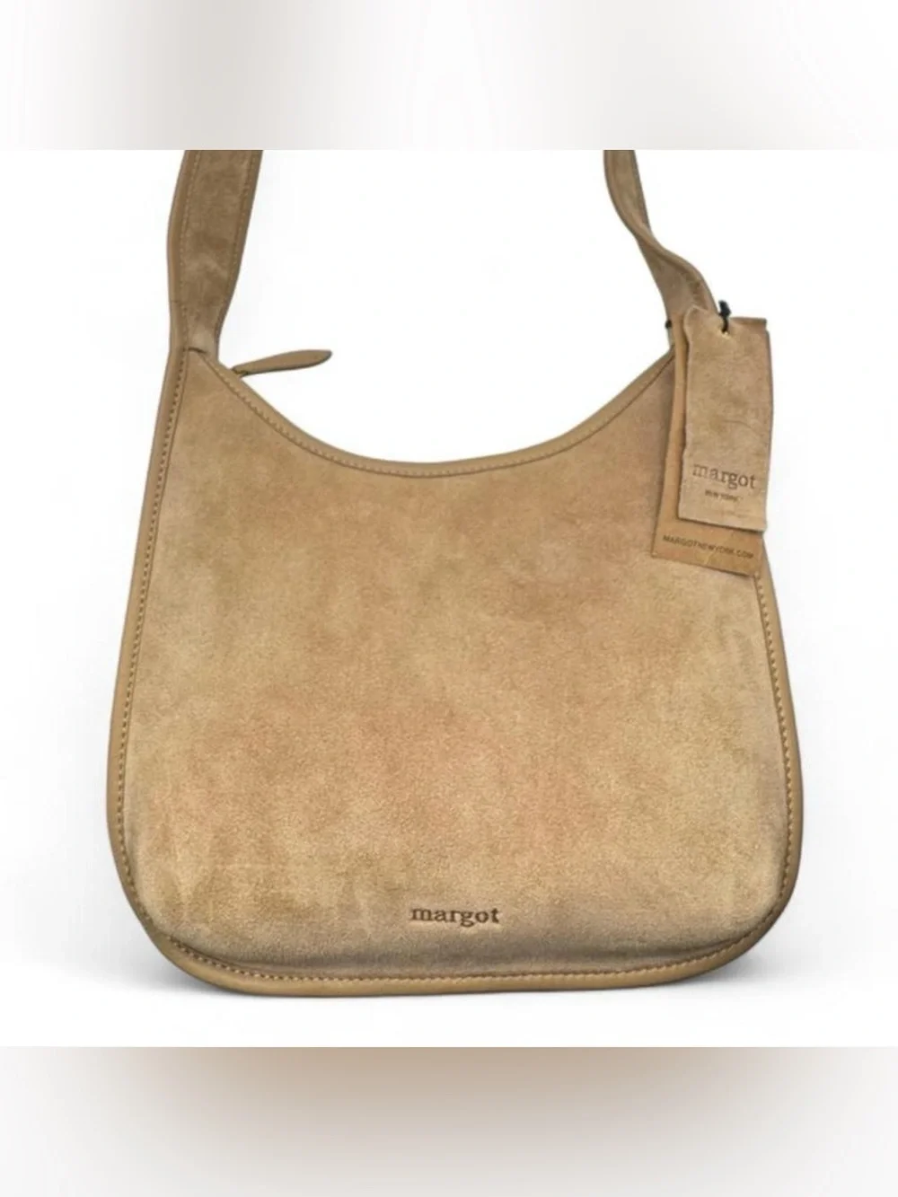 Margot New York Curved Zip Hobo Bag Beige Suede NEW